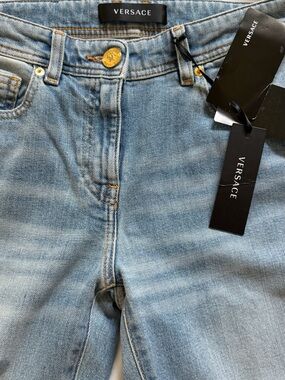 Versace Light Blue High-Rise Women's Jeans with Branded Hardware